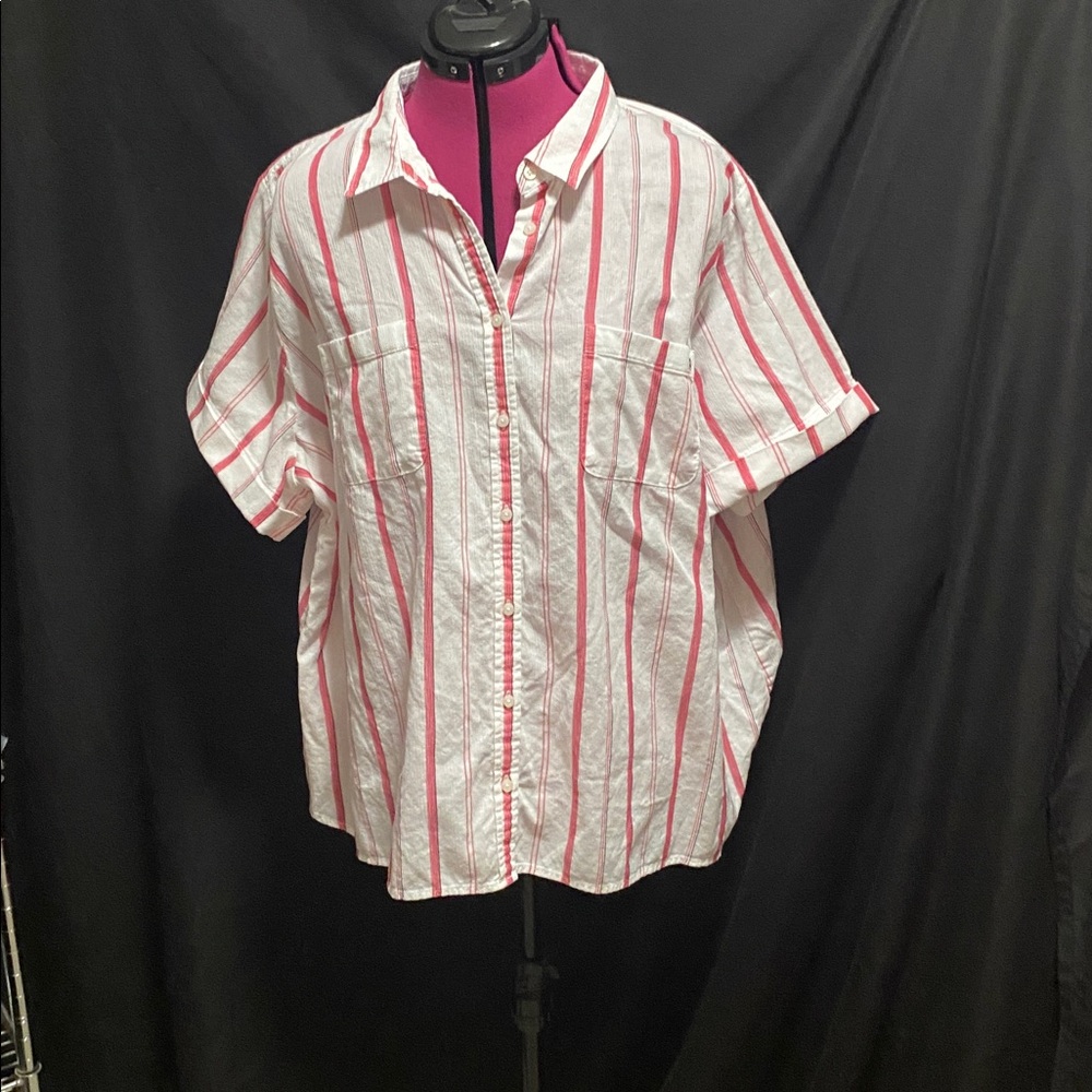 EUC Tommy Hilfiger Pink white stripe short sleeve button up top blouse 2X